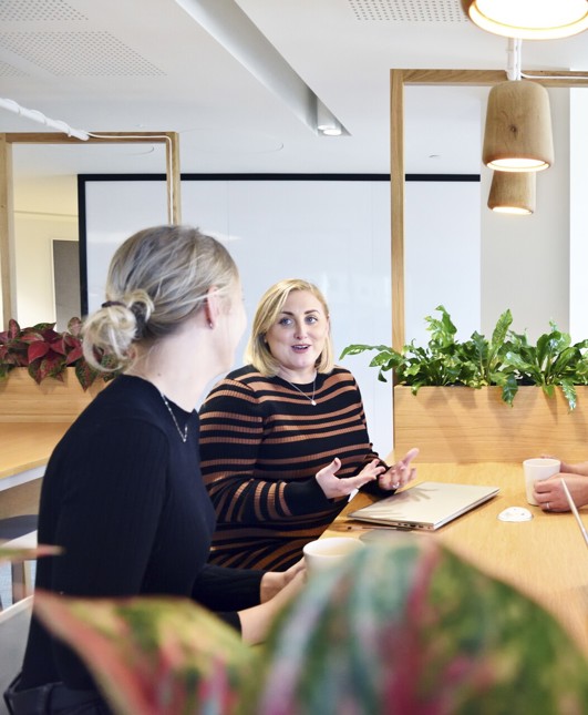Three women and one man chat in an office