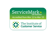 The Institute of Customer Service logo and Service Mark with Distinction for March 2022 to March 2025